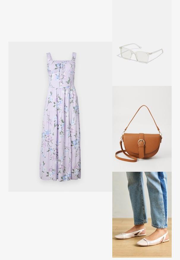 Hollister Co. Hollister Sofia Side-Smocked Maxi Dress - Rochie maxi - trifle; Sandalete plate de un roz pal cu vârf ascuțit, realizate dintr-un material asemănător pielii, neted. Prezintă detalii decupate pe laterale și un toc plat.; Ochelari de vedere cu rame pătrate din plastic transparent, dotate cu lentile translucide și accente aurii pe temple pentru un detaliu suplimentar.; Geantă din piele maro, tip crossbody, cu o formă curbată, accesorii aurii și un accent cu cataramă. Dispune de un curea de umăr detașabilă.