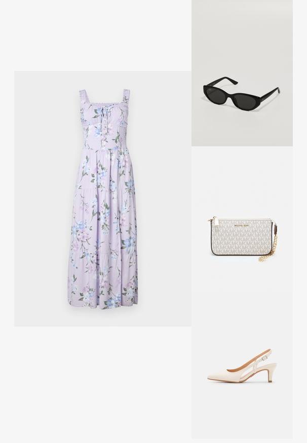 Hollister Co. SOFIA biały; Biała szpilka slingback z ostrym noskiem, gładkim materiałem wierzchnim, niskim obcasem blokowym oraz wycięciami po bokach i regulowanym paskiem z klamrą.; Czarne okulary przeciwsłoneczne o wąskim, kocim kształcie. Wykonane z gładkiego plastiku, z ciemnymi soczewkami i subtelnymi akcentami logo na zausznikach.; Portfel na nadgarstek marki Michael Kors w beżowej, pokrytej płótnem, z powtarzającym się wzorem logo MK, złotym okuciem i odpinanym łańcuszkowym paskiem.