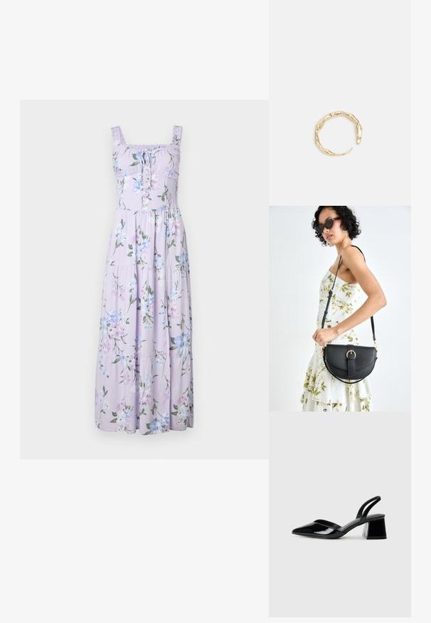 Hollister Co. Hollister Sofia Side-Smocked Maxi Dress - Maksikleit - trifle; Mustad musta lakknahk kingad, millel on terav varvas ja geomeetriline plokkkonts. Omab elegantselt minimalistlikku disaini ja sujuvat tekstuuri.; Mustmust mustraha kõverate joontega, eemaldatava rihmaga ja kuldsete detailidega. Kotil on klapp, millel on pandladetail.; Kuldtoonis sõrmus, millel on orgaaniline, keerdunud disain sileda tekstuuri ja kitsenevate otstega, luues kaasaegse skulptuurilise välimuse.