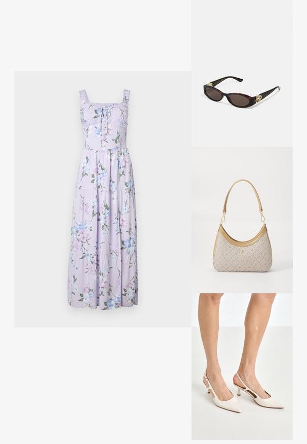 Hollister Co. Hollister Sofia Side-Smocked Maxi Dress - Maxikjoler - trifle; Beige patenterede læder slingback hæle med spids tå og 5 cm hæl, med udskårne sider og en tynd ankelrem.; Skildpaddemønster solbriller med aflange ovale linser, brun farve, guldlogo accenter på stængerne og slanke sorte arme.; Beige mønsteret taske med en buet form, læderdetaljer og et guldtonet logo på fronten. Har et kort håndtag for nem bæring.
