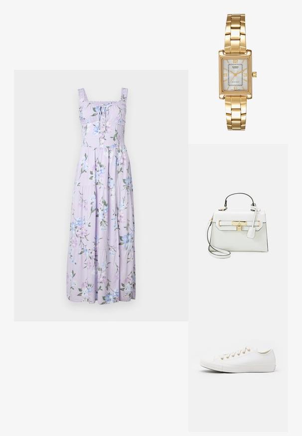 Hollister Co. Hollister Sofia Side-Smocked Maxi Dress - Maxikjole - trifle; Converse CHUCK TAYLOR ALL STAR - Joggesko - vintage white/light gold; Hvit håndveske med krokodilsmønster, gullbelagte detaljer, topphåndtak og avtakbar skulderrem; har låsestenge og et minimalistisk design.; Gullfarget rektangulær klokke med hvit urskive, sølvfargede timeindikatorer og et slitesterkt metallarmbånd. Vanntett funksjon inkludert.