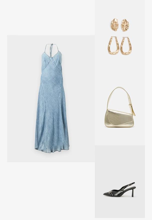 Denimové šaty v svetlomodrej farbe, s tenkými ramienkami, s áčkovým strihom a jemným skladaním pozdĺž živôtika. Dlhý, splývavý silueta.; Čierne lakované kožené slingback topánky s špicatou špičkou, remienkami okolo členku s striebornými prackami a hardvérom, a štíhlým podpätkom.; Zlatá metalická kabelka so štruktúrovaným dizajnom, hladkou textúrou a nastaviteľným popruhom. Obsahuje jedinečný trojuholníkový tvar a minimalistické šitie.; Náušnice v zlatej farbe s textúrovanými, vlnitými tvarmi. Obsahujú sochárske klipsové náušnice a otvorený tvar krúžku s kladivkovým povrchom.