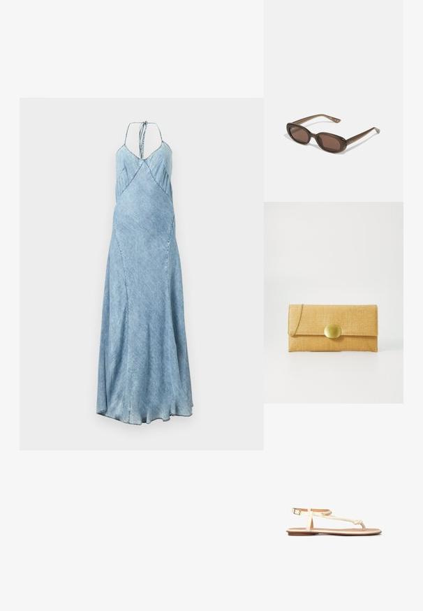 Kavbojka obleka z svetlo modrim odtenkom, ki ima naramnice, A-linijski kroj in subtilne naborke ob korzetu. Dolga, padajoča silhueta.; Svijetlo bež sandale na otvorenom prstu s dizajnom pletene trake, podesivom kopčom oko gležnja i ravnim smeškim đonom. Glatki materijal i minimalni akcenti.; Rjave ovalne sončne naočare s temnimi lečami. Obloge so narejene iz prozorne rjave materiale in imajo na templjih natisnjeno logo.; Rumena teksturirana torbica za čuvanje s preklopom, dopunjena zlatnim ovalnim kopčanjem in tankim zlatim verižnim trakom.; NA-KD 2-PACK - Zapestnica - gold-coloured
