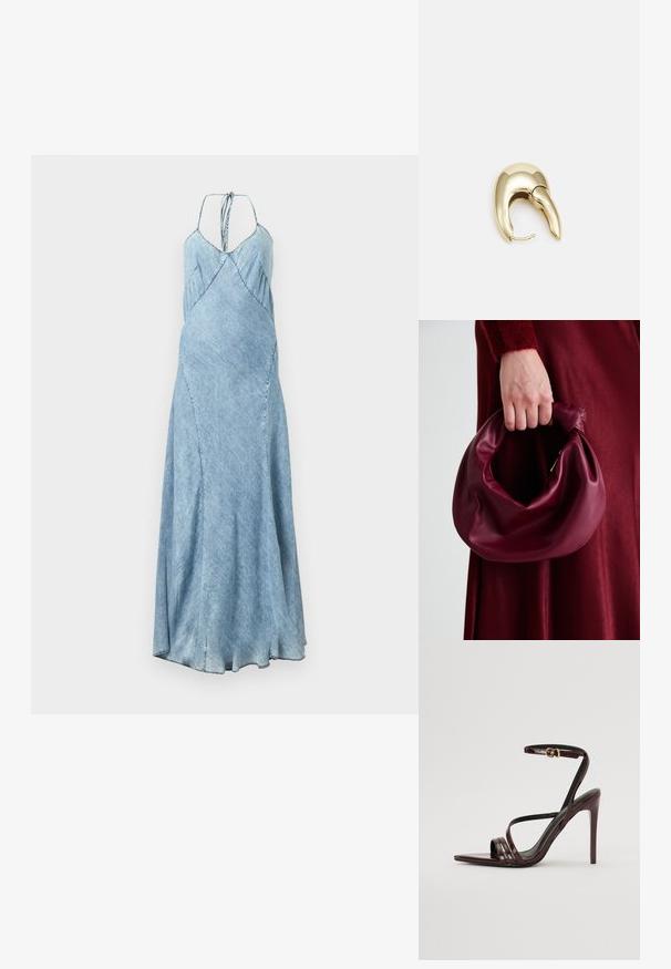Džínové šaty s jasně modrým odstínem, s ramínky typu spaghetti, A-liniovým střihem a jemným skladem po celé jeho délce. Dlouhá, splývavá silueta.; Bordeaux lakované kožené sandály na vysokém podpatku s řemínkem kolem kotníku, špičatou špičkou a třemi vodorovnými pásky přes nohu. Zlacený detail s přezkou.; Burgundská kožená kabelka s měkkým, nabíraným designem a zaobleným tvarem. Ucho je zajištěné a vykazuje hladkou texturu.; Náušnice ve zlatém tónu z kovu s elegantním zakřiveným designem. Vyznačují se jedinečným špičatým tvarem, lesklým povrchem a závěsem na kloub.