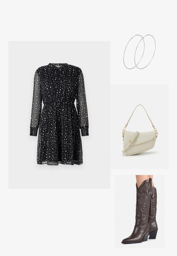 Black, long-sleeve dress made of sheer fabric; features a loose fit, gathered waist, and white scattered dot pattern. Keyhole neckline detail.; Brown leather cowboy boots with pointed toe and block heel, featuring detailed stitching and raised accents on the shaft.; Small cream handbag with a textured finish, a long adjustable strap, a chain accent, and a flap closure. Gold hardware detailing.; Silver hoop earrings with a minimalist design. Circular shape, smooth texture, and thin profile. Lightweight with a polished finish.