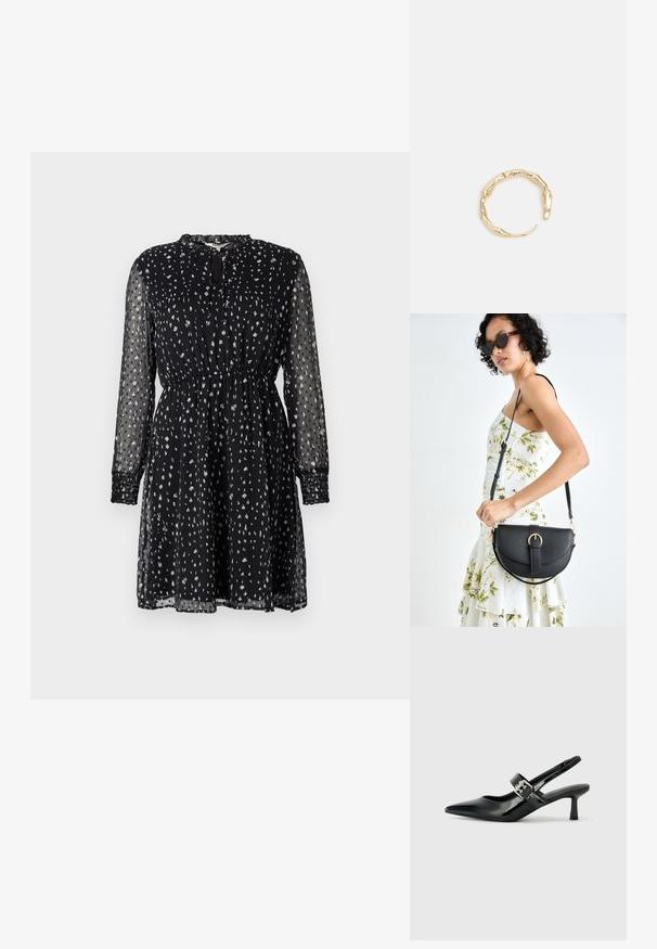 Mustas, pika varrukaga kleit läbipaistvast kangast; omab lõdva istuvust, kogutud vööd ja valgeid hajutatud täpid. Võtmeaugu kaeluse detail.; Mustad patenteeritud nahast sildiga kontsad, millel on terav nina ja väike plokk-konts, mille rihmal on hõbedane pandla aksessuaar.; Mustmust mustraha kõverate joontega, eemaldatava rihmaga ja kuldsete detailidega. Kotil on klapp, millel on pandladetail.; Kuldtoonis sõrmus, millel on orgaaniline, keerdunud disain sileda tekstuuri ja kitsenevate otstega, luues kaasaegse skulptuurilise välimuse.