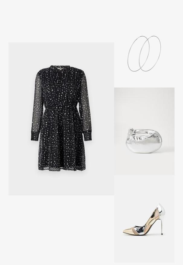 Čierne, dlhé šaty s dlhými rukávmi vyrobené z priesvitného materiálu; majú voľný strih, z gathered pásom a vzor s bielymi náhodne rozmiestnenými bodkami. Detail výstrihu v tvare kľúčovej dierky.; Lodičky s špičatou špičkou v striebornom, zlatom a telovom farebnom prevedení. Lesklý povrch s výrezovým dizajnom, s ihlovým opätkom.; Strieborná metalická taška s mäkkým, zaobleným tvarom a uzáverom s uzlíkom. Vyrobená z hladkej syntetickej kože.; Strieborné kruhové náušnice s minimalistickým dizajnom. Cirkulárny tvar, hladký povrch a tenký profil. Ľahké s lesklým povrchom.
