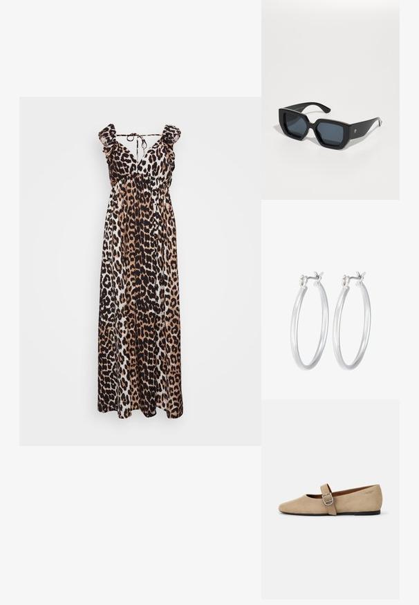 Maxiklänning med leopardmönster i brunt och svart, med volanger på axelbanden och V-ringning. Tillverkad av lättviktsmaterial.; Beige mockaskinn Mary Jane-skor med spetsig tå och ett justerbart rem med en silverfärgad spänne. Svart platt sula.; Svarta överdimensionerade solglasögon med geometrisk design, rektangulära linser och blank yta. Ingen synlig märkning på framsidan.; Silverfärgade hoopörhängen med en slät, polerad yta. Rund form och säker klickstängning. Lättviktig design som passar för vardagligt bruk.