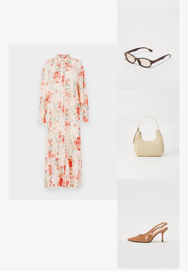 Kukallinen puolipitkä mekko vaaleassa sävyssä, jossa on punaisia ja vihreitä kukkia. Ominaisuuksia ovat nappikiinnitys edessä, pitkät hihat ja kerroksellinen helma. Kevyt kangas.; Korkokenkä, jossa on terävä kärki ja avonainen kanna, valmistettu sileästä, kiiltävästä ruskeasta materiaalista. Sisältää kaarevan leikkuun muotoilun ja hoikan stilettokannan. Hopeinen solkiyksityiskohta.; Silmukaisvartiset aurinkolasit, joissa on pyöristetty muoto ja kevyet linssit. Varret ovat tukevat ja niissä on pieniä kultaisia yksityiskohtia, valmistettu muovimateriaalista.; Kudottu olkilaukku vaaleanbeigessä, kaarevassa muodossa, lyhyellä hihnalla ja sivuvetoketjulla. Ominaisuuksiin kuuluu teksturoidumpaa pintaa ja minimalistinen muotoilu.