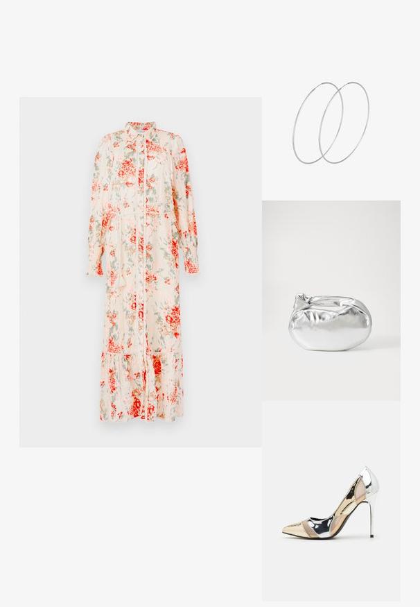 Kreemjas lilleline keskmise pikkusega kleit, millel on punased ja rohelised lilled. Omab nööpidega esit, pikki varrukaid ja kihilist allääre. Kerge kangas.; Kitsas toe kõrge kontsaga kingad, millel on hõbedane, kuldne ja nude värvilahendus. Läikiv viimistlus lõikekujundusega, stiletto konts.; Hõbedane metallikoti kott pehme, ümar kuju ja sõlme ülemise sulgemisega. Valmistatud siledast kunstnahast materjalist.; Hõbedased rõngastikkaehingad minimalistlikus disainis. Ümar kuju, sile tekstuur ja õhuke profiil. Kerged ning poleeritud viimistlusega.