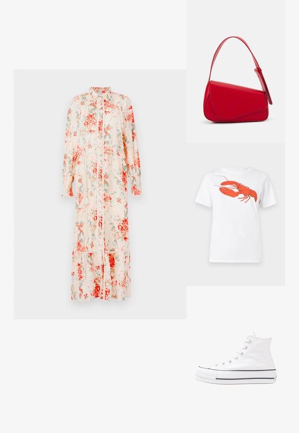 Blumenkleid in Creme mit roten und grünen Blumen in mittellanger Form. Verfügt über eine Knopfleiste, lange Ärmel und einen gestuften Saum. Leichter Stoff.; Weißes Baumwoll-T-Shirt mit einem großen, leuchtend roten Hummer-Design auf der Vorderseite. Mit kurzen Ärmeln und klassischem Rundhalsausschnitt.; Weiße hochwertige Leinensneaker mit schwarzer Gummisohle, vorderem Gummizehenschutz und sechs Ösen für Schnürsenkel, die ein sauberes, minimalistisches Design aufweisen.; Rote Lederhandtasche mit einem kantigen, geometrischen Design. Verfügt über einen verstellbaren Schulterriemen und einen Klappenverschluss mit genähten Details.