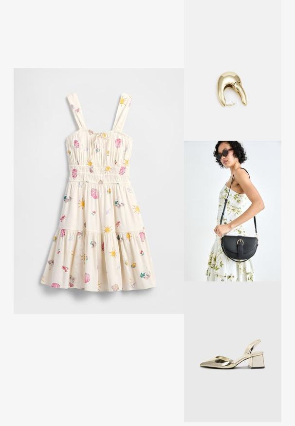 Svetlo bež obleka s tankimi naramnico, nabranim korzetom, večslojno krilom ter pisanim vzorcem školjk in sonca. Iz mehke tkanine z ohlapnim pristopom.; Zlati, kovinski slingback čeveljci z ostrim nosom in masivnim peto. Gladka tekstura, minimalistična zasnova in ozka zanka.; Črna usnjena torbica s ukrivljeno obliko, z odstranljivo naramnico in zlatimi dodatki. Torbica ima pokrov s podrobnostmi v obliki zaponke.; Uhane nakit iz zlatastega tona z gladko, ukrivljeno zasnovo. Ima edinstveno koničasto obliko, polirano površino in zaponko s tečajem.