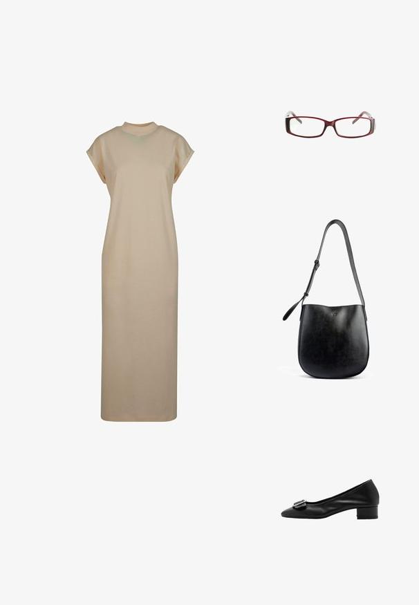 Beige, knee-length dress made of smooth fabric. Features a round neckline and short, rolled sleeves. Simple, straight cut design.; Black leather pump with a pointed toe, small block heel, and decorative buckle detail on the vamp. Smooth texture and simple design.; Red rectangular eyeglasses with a sleek design. Clear lenses, slightly translucent temples, and a gradient effect from red to gray.; Black leather handbag with a smooth texture, curved shape, adjustable strap, and a subtle embossed logo on the front.