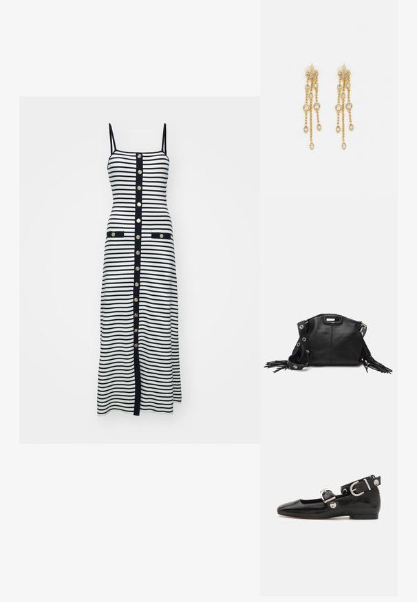 Gestreiftes Midi-Kleid in Schwarz und Weiß mit schmalen Trägern, goldenen Knöpfen entlang der Vorderseite und zwei vorne liegenden Taschen, die in Schwarz eingefasst sind.; Schwarze Lackleder-Ballerina mit eckiger Zehenpartie, Knöchelriemen mit silberner Hardware und flacher Sohle. Glatte Textur mit minimalistischen Design.; Maje MISS MINI - Umhängetasche - noir; Goldtonige Ohrringe mit mehreren kaskadierenden Ketten, verziert mit klaren ovalen Strasssteinen und dekorativen Ohrsteckern.