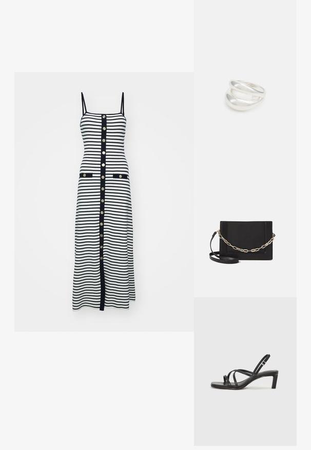 Prugasta midi haljina u crnoj i bijeloj boji s uskim naramenicama, zlatnim dugmadima duž prednje strane i dva prednja džepa obrubljena crnom bojom.; Crne sandale s trakama, kvadratnim prstom i niskom blok petom. Ima više tankih trakica i podesivu trakicu oko gležnja. Izrađene su od glatke kože.; Crna kožna torba preko tijela s glatkom teksturom, pravokutnim oblikom i metalnim lancem na prednjoj strani. Uključena je podesiva naramenica.; Srebrna dvostruka prsten s glatkom, poliranom površinom. Karakterizira ga fluidan, zakrivljen dizajn s preklapajućim sekcijama za moderan izgled.