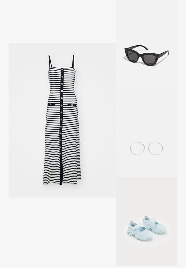 Juostuota midi suknelė juodos ir baltos spalvų su siaurais petnešėlėmis, aukso sagomis priekinėje dalyje ir dviem priekinių kišenėmis, apibrėžtomis juoda spalva.; Šviesiai mėlyni sportbačiai su tinklelio audiniu, akcentuotais įpjovimais pado dalyje ir Velcro dirželiu viršuje, užtikrinančiu saugų prigludimą.; Juodos katės akies akinių nuo saulės su matinio paviršiaus danga, turinčiais pilkai tonuotus lęšius, aštriomis linijomis ir elegantiškomis šoninėmis kojelėmis. Prekės ženklas matomas vidinėje kojelėje.; Sidabrinės auskarai žiedai su sėslia, apvalia forma, pasižymintys lygia paviršiumi ir be matomų puošmenų. Svoris nenurodytas.