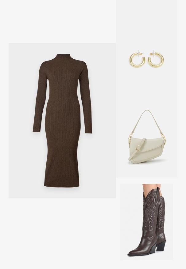 Tumši brūnas, garās piedurknes ribotas kleitas. Augsta apkakle un pieguļoša silueta, kas stiepjās līdz midi garumam. Gluda tekstūra ar nelielu stiepšanos.; Brūni ādas kovboju zābaki ar norādītu purngalu un blokveida papēdi, ar detalizētu šūšanu un paceltiem akcentiem uz kājas daļas.; Maza krēmkrāsas rokas soma ar teksturētu apdari, garu regulējamu siksniņu, ķēdes akcentu un vāciņa aizdari. Zelta aparatūras detaļas.; Zelta auskari ar gludu, spīdīgu apdari. Apaļš dizains, kas ietver mazu tapu un caurspīdīgu pamatni drošai valkāšanai.