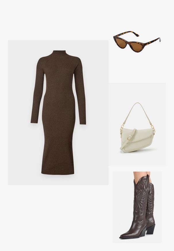 Hosszú ujjú, bordás ruha sötétbarna színben. Magas nyakú és testhezálló sziluett, midi hosszúságig ér. Sima tapintású, finom rugalmassággal rendelkezik.; Barna bőr cowboy csizmák hegyes orral és blokk sarkal, részletes varrással és kiemelkedő díszítésekkel a szárán.; Cica szemüveg fekete és narancssárga teknőc pánttal, barna lencsékkel és sima, hegyes végekkel. A templomán egy minimalista logó található.; Kis krémszínű táska texturált felülettel, hosszú, állítható pánttal, láncos díszítéssel és fedéllel záródik. Aranyszínű fém részletek.