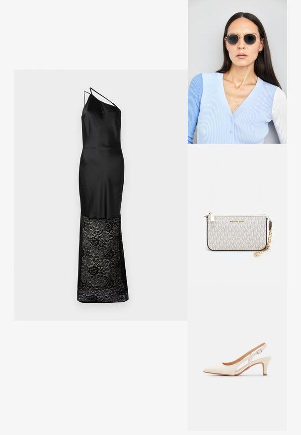 Melnā kleita ar samta augšdaļu, viena pleca dizains un mežģīņu svārki, kas detalizēti pārklāti ar ziedu rakstiem un ar daļēji caurspīdīgu tekstūru apakšā.; Baltas siksniņveida papēdis ar smailu purngalu, gludu augšējo materiālu, zemu blokpapēdi un sānu izgriezumu dizainu ar regulējamu sprādzi.; Apaļas saulesbrilles ar tumšiem objektīviem un zeltītām rāmēm. Modelis valkā gaiši zilu, ribotu kardigānu ar pogām un kontrastējošām baltām piedurknēm.; Michaela Korsa rokassomi bez̦ā īšojuma, kas izgatavota no apklāta kanvas, iekļaujot atkārtotu MK logotipa rakstu, zelta aparatūru un noņemamu ķēdes siksnu.