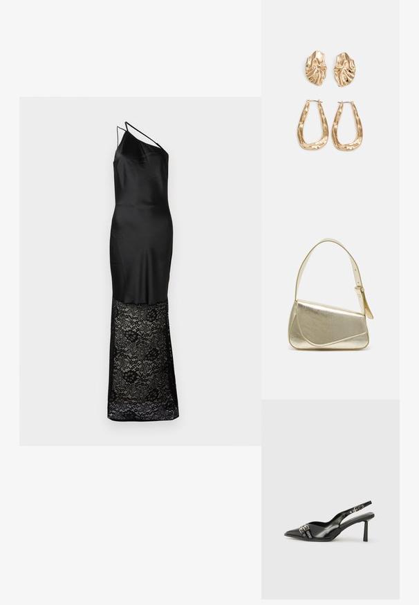 Črna obleka, ki ima satenast zgornji del z obliko enega ramena in čipkastim krilom, okrašena s cvetličnimi vzorci in polprosojno teksturo na dnu.; Črne patentne usnjene sandale s koničastim nosom, zankami okoli gležnja s srebrnimi sponkami in opremo ter vitkimi petami.; Zlata metalna torbica z urejenim dizajnom, gladko teksturo in nastavljivim trakom. Ima edinstveno trikotno obliko in minimalistično šivanje.; Zlato obarvani uhani z teksturiranimi, valovitimi oblikami. Vključujejo skulpturalne sponke za ušesa in odprto obliko obročka s kladivastim finišem.
