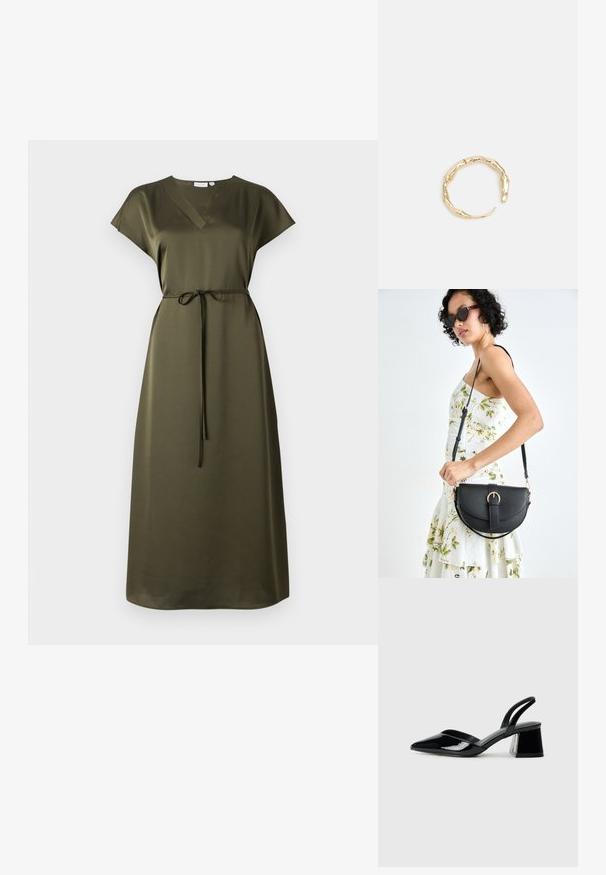 Alyvuogių žalumos kelio ilgio suknelė trumpomis rankovėmis, V formos iškirpte ir juosmens raiščiu. Pagaminta iš lygios medžiagos, laisvo silueto ir subtiliu blizgesiu.; Juodos lakuotos odinės šlepetės su smailiu pirštu ir geometriniu bloko kulnu. Turi elegantišką, minimalistinį dizainą ir lygų paviršių.; Juodas odinis krepšys su išlenkta forma, nuimamu dirželiu ir auksiniais detalėmis. Krepšys turi kilpą su sagtimi.; Auksinės spalvos žiedas, turintis organišką, sukimosi dizainą su lygiu paviršiumi ir siaurėjančiais galais, sukuriantis modernią skulptūrinę išvaizdą.