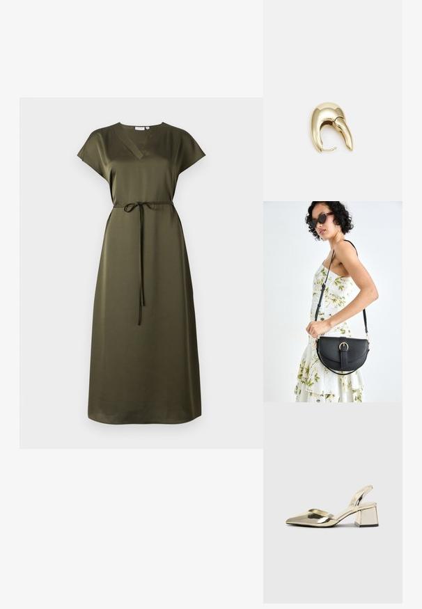 Olívazöld, térd hosszúságú ruha rövid ujjakkal, V-nyakkivágással és derékpánttal. Simább anyagból készült, laza fazonú és finom fényű.; Arany, fémből készült slingback sarkú cipők hegyes orral és vastag sarokkal. Simaság, minimalista design és keskeny pánt jellemzi.; Fekete bőrtáska ívelt formával, levehető pánttal és arany színű fémrészekkel. A táskán egy csattal díszített fedél található.; Aranyszínű fém fülbevaló, elegáns, ívelt formával. Különleges hegyes alak, fényes felszín és zsanéros záródás jellemzi.