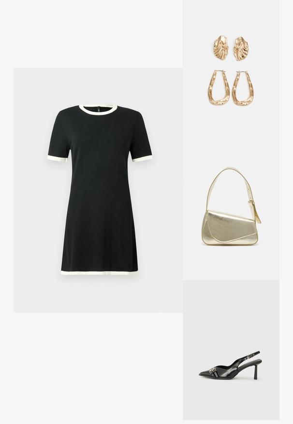 Juoda trumpa rankovė su kontrastiniu baltu apdailu ant apykaklės ir rankovių. Pagaminta iš minkštos medžiagos, pasižymi paprastu, tiesiu dizainu.; Juodas lakuotas odinis batelis su smailiu pirštu, kulkšnies dirželiais su sidabrinėmis sagtimis ir detalėmis, bei plonu kulnu.; Aukso metalinės rankinės su struktūrizuotu dizainu, lygaus paviršiaus ir reguliuojama dirželiu. Pasižymi unikaliu trikampiu pavidalu ir minimalizmu siuvinėjime.; Auksinės auskarai, turintys tekstūruotus, bangų formos elementus. Įeina skulptūriniai segami auskarai ir atviri lankai su išmuštu paviršiumi.