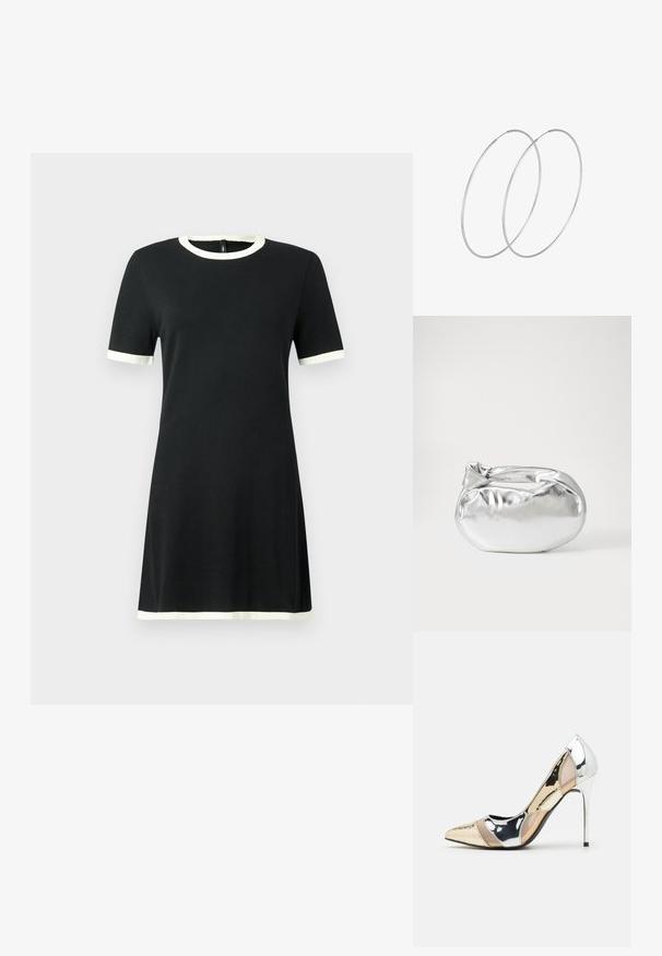 Abito nero a maniche corte con bordi bianchi a contrasto col colletto e le maniche. Realizzato in tessuto morbido, presenta un design semplice e dritto.; Scarpa con tacco alto a punta, con una combinazione di colori argento, oro e nudo. Finitura lucida con design a ritaglio, con tacco a stiletto.; Borsa a pochette metallica argentea con una forma morbida e arrotondata e chiusura superiore annodata. Realizzata in materiale sintetico morbido.; Orecchini a cerchio in argento con un design minimalista. Forma circolare, superficie liscia e profilo sottile. Leggeri con una finitura lucida.