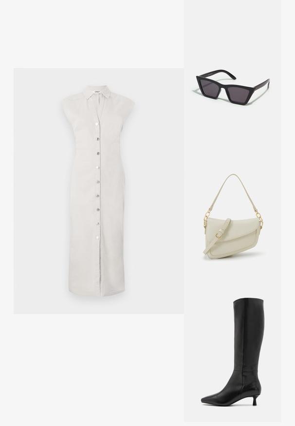 Svetlo siva, haljina do kolena od tkanine s dugmadima na prednjem delu. Ima kragnu i bez rukava. Glatka tekstura, minimalistički stil.; Zign Škornji - black; Črne, angularne sončne očala z sivimi lečami; izdelana iz plastike, imajo debele ročke z gladko površino in brez vidne opreme.; Mala kremna torbica z teksturiranim zaključkom, dolgim nastavljivim trakom, verižnim poudarkom in zapiranjem na poklop. Detajli iz zlatega kovinskega materiala.