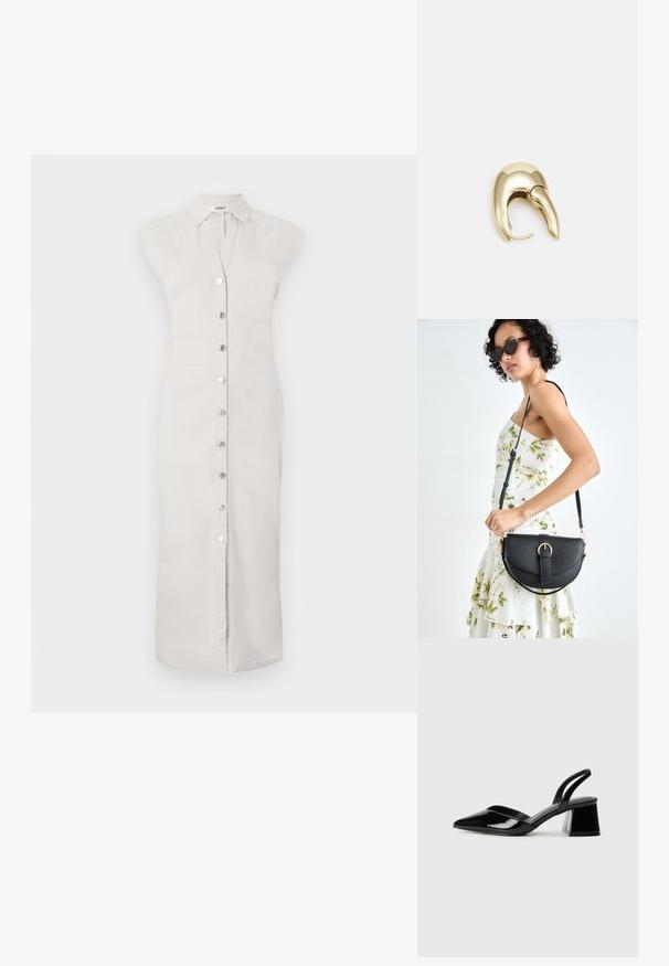 Šviesiai pilka, iki kelių siekianti marškinių suknelė, pagaminta iš medžiagos su mygtukų priekine dalimi. Yra apykaklė ir be rankovių dizainas. Lygus paviršius, minimalistinis stilius.; Juodos lakuotos odinės šlepetės su smailiu pirštu ir geometriniu bloko kulnu. Turi elegantišką, minimalistinį dizainą ir lygų paviršių.; Juodas odinis krepšys su išlenkta forma, nuimamu dirželiu ir auksiniais detalėmis. Krepšys turi kilpą su sagtimi.; Aukso tono metalinės auskarai su stilingu, kreiviu dizainu. Išsiskiria ryškiu smailiu pavidalu, poliruota paviršiumi ir užsegimu su vyriu.