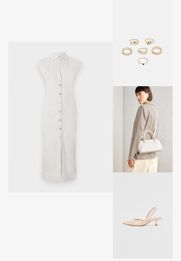 Robe chemise gris clair, arrivant au genou, en tissu avec un devant à boutons. Dispose d'un col et d'un design sans manches. Texture lisse, style minimaliste.; Escarpins slingback en cuir verni beige avec un bout pointu et un talon carré fin. Texture lisse et design minimaliste sans ornement.; Sac à main structuré blanc avec de courtes poignées et une bandoulière, doté de accents en métal doré et d'un matériau texturé, présenté sur un fond gris.; Ensemble de six anneaux en or présentant divers designs : tressés, motifs de feuilles et bandes unies ; certains avec des accents de pierres précieuses vertes.