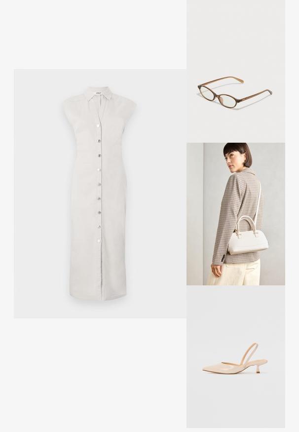 Svetlo siva, haljina do kolena od tkanine s dugmadima na prednjem delu. Ima kragnu i bez rukava. Glatka tekstura, minimalistički stil.; Bež čevlji na peto iz patentiranega usnja, s koničastim nosom in ozko kvadratno peto. Gladka tekstura in minimalističen dizajn brez okrasja.; Rjavo želvovina očala z ovalnimi lečami, tankimi ročaji in prosojnimi detajli. Imajo subtilen logo na templetu. Eleganten, lahek dizajn.; Bela strukturirana torba z kratkimi ročaji in naramnim trakom, z zlatimi okrasnimi elementi in teksturiranim materialom, prikazana na sivi podlagi.
