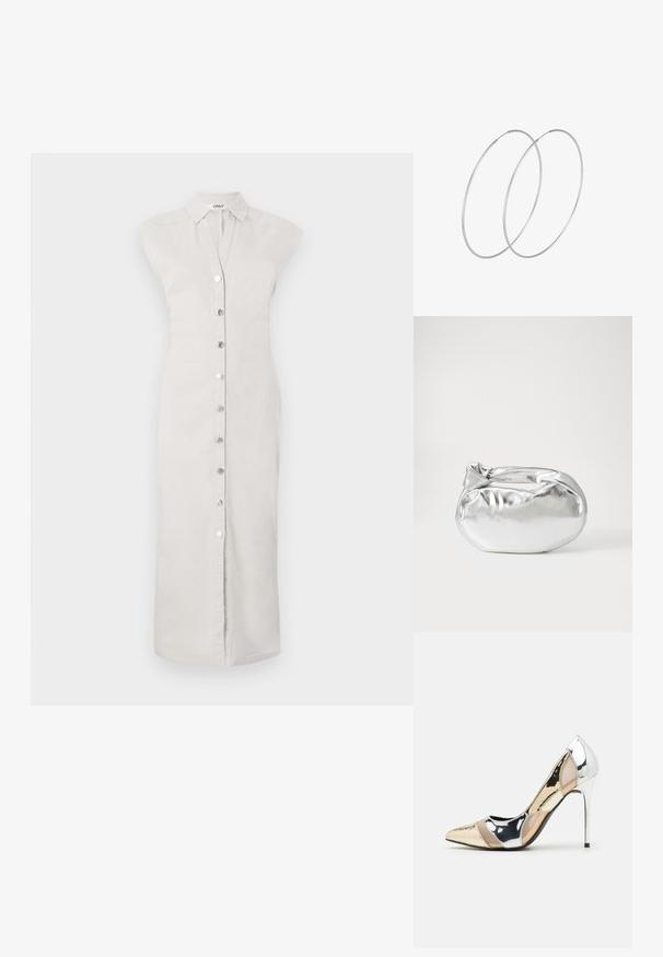 Helles graues, knielanges Hemdkleid aus Stoff mit ganzem Knopfverschluss. Verfügt über einen Kragen und ärmelloses Design. Glatte Textur, minimalistischer Stil.; Spitz zulaufender High-Heel-Schuh in einer Farbgestaltung aus Silber, Gold und Nude. Glänzende Oberfläche mit Ausschnittdesign und stiletto Absatz.; Silberne metallic Pouch-Tasche mit einer sanften, abgerundeten Form und einem geknoteten Verschluss oben. Hergestellt aus glattem Kunstleder.; Silberne Creolen mit minimalistischem Design. Rundform, glatte Oberfläche und dünnes Profil. Leichtgewichtig mit hochglänzender Oberfläche.