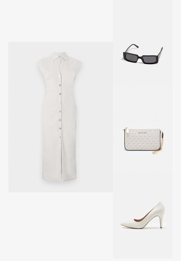 Vaaleanharmaa, polvenmittainen paitamekko, joka on valmistettu kankaasta ja jossa on nappikiinnitys edessä. Siinä on kaulus ja hihaton muotoilu. Sujuva pinta, minimalistinen tyyli.; Valkoinen lakaistettu korkeakorkoinen kenkä, jossa on terävä kärki ja sileä pinta, hennolla korolla ja matalalla leikkauksella avauksessa.; Mustat aurinkolasit, joissa on suorakaiteen muotoinen kehys, tummat linssit ja sileä kiiltävä pinta. Ominaisuuksiin kuuluu ohuet templet, joissa on hienovarainen brändäys sivussa.; Michael Kors kääröbeige pinnoitettua kangasta, jossa on toistuva MK-logo -kuvio, kultaiset yksityiskohdat ja irrotettava ketjuhihna.; Kultaiset metalliset korvakorut, joissa on aaltoileva muotoilu; sileä, heijastava pinta; epäsymmetrinen muoto; ei näkyviä kuvioita tai mekanismeja.