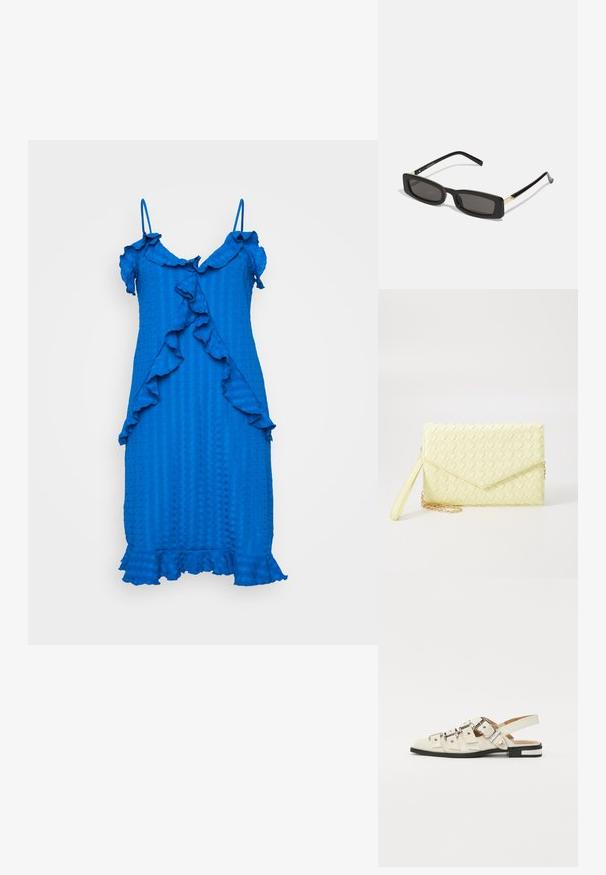 Mėlyna, tekstūruota suknelė su frill detale, plonomis petnešėlėmis ir iki kelių siekiančiu sijonu. Priekyje ir apatiniuose kraštuose yra bangų raštas.; Balno sandalai, pagaminti iš baltos odos, su keliais plačiais diržais ir sidabro spalvos sagtimis; plokščias padas su mažu juodu kulniuku ir metaliniais akcentais.; Juodos stačiakampės akinių nuo saulės su tamsiais lęšiais, blizgančiais plastikinių rėmų ir auksiniais akcentais ant šventyklų. Minimalistinis dizainas ir elegantiška forma.; Geltona audinė piniginė su užsegimu, nuimamą rankinę juostą ir auksinį akcentą. Lygi tekstūra ir stačiakampis forma.; Aukso auskarai su lygiu, blizgiu paviršiumi. Apvalus dizainas su maža užrakto dalimi ir skaidria atrama saugiam nešiojimui.