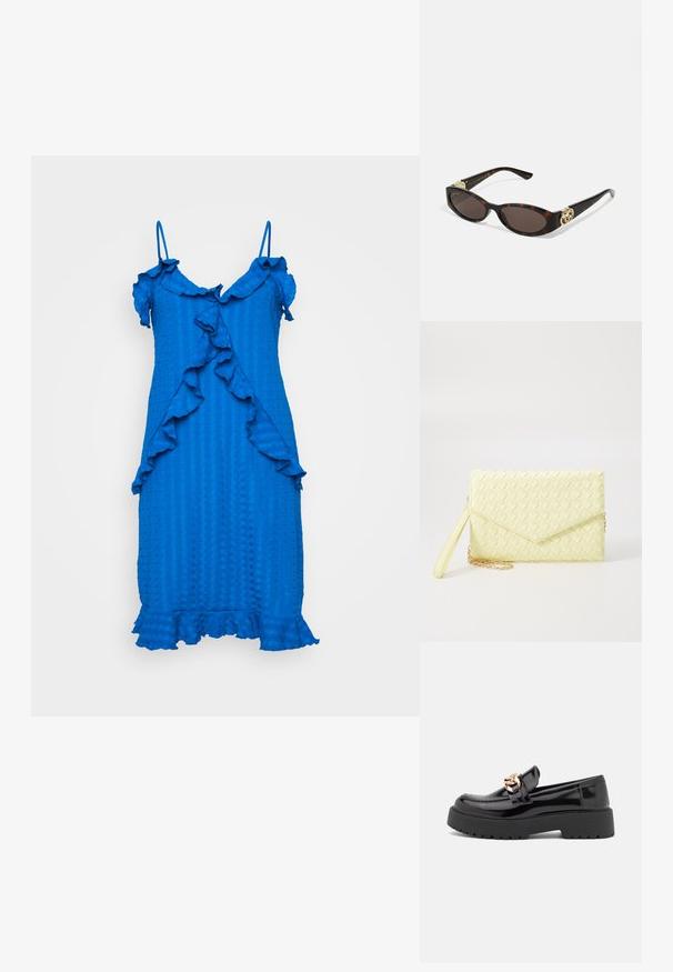 Modrá, textúrovaná šaty s volánovými akcentami, tenkými ramienkami a dĺžkou po kolená. Obsahuje zvlnený vzor pozdĺž prednej a spodnej hrany.; Čierne lakované kožené mokasíny s masívnou čiernou podošvou a zlatými detailmi. Hladká textura a design so zaoblenou špičkou.; Slnkové okuliare v korytnačkovom dizajne s predĺženými oválnymi šošovkami, hnedým tónovaním, zlatými logovými akcentmi na spánkoch a elegantnými čiernymi ramenami.; Žltý tkaný clutch peňaženka s preklápacím dizajnom, odnímateľným zápästným remienkom a zlatým reťazovým doplnkom. Hladký povrch a obdĺžnikový tvar.