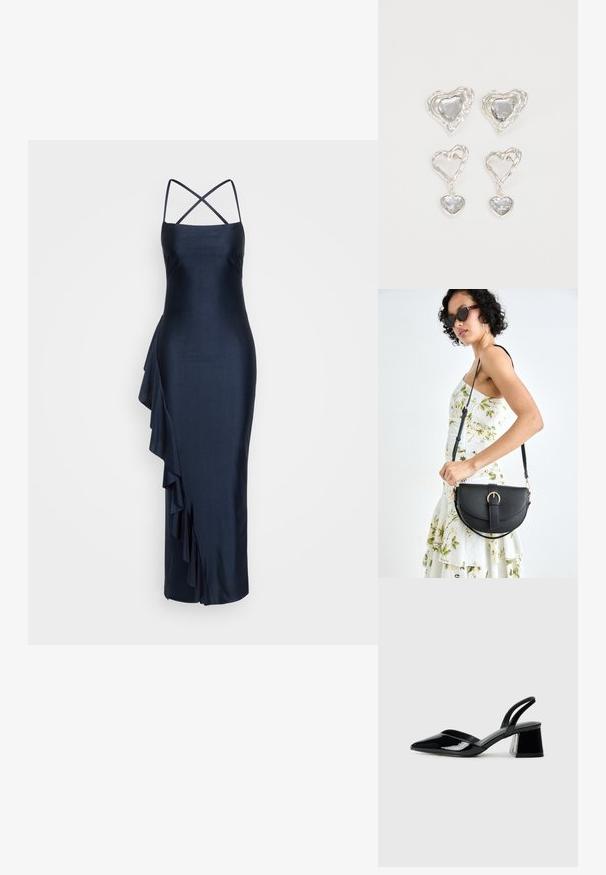 Mornarica satenska haljina s tankim ukriženim trakama, asimetrični detalj volana s strane, prilagođeni siluet i dužina do koljena.; Crne lakirane kožne sandale s otvorenom petom i špicastim vrhom, s geometrijskom blok petom. Imaju elegantan, minimalistički dizajn i glatku teksturu.; Crna kožna torba s lukovitim oblikom, odvojivim remenom i zlatnim detaljima. Torba ima preklop s kopčom.; Srebrne naušnice u obliku srca imaju fasetirane prozirne kamenčiće, s teksturiranim okvirom. Set uključuje naušnice na dugme i viseće stilove.