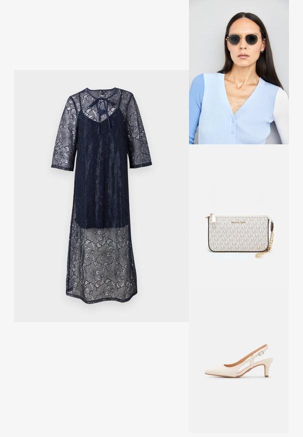 Marineblaues Spitzenkleid mit Dreiviertelärmel, featuring einem runden Ausschnitt und einem Bindedetail vorne. Durchgehende transparente Spitzenüberlage.; Weiße Slingback-Absätze mit spitzer Zehenpartie, glattem Obermaterial, niedrigem Blockabsatz und seitlichem Ausschnitt-Design mit verstellbarem Schnallenriemen.; Runde Sonnenbrillen mit dunklen Gläsern und goldenen Rahmen. Das Modell trägt eine hellblaue, gerippte Strickjacke mit Knöpfen und weißen Kontrastärmeln.; Michael Kors Clutch in beige beschichtetem Canvas mit einem wiederholten MK-Logo-Muster, goldfarbener hardware und einem abnehmbaren Kettenriemen.