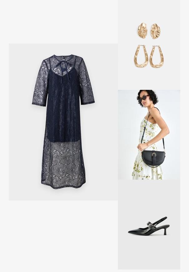 Tengerés kék csipke ruha háromnegyedes ujjakkal, lekerekített nyakkivágással és elöl megkötő részlettel. Áttetsző csipke borítás az egész ruhán.; Fekete lakkbőr slingback sarkú cipők hegyes orral és kis blokk talppal, ezüst csat díszítéssel a pánton.; Fekete bőrtáska ívelt formával, levehető pánttal és arany színű fémrészekkel. A táskán egy csattal díszített fedél található.; Aranyszínű fülbevalók, texturált, hullámos formákkal. Tartalmazza a szobrászati klipszes studokat és az open hoop kialakítást, kalapácsos felülettel.