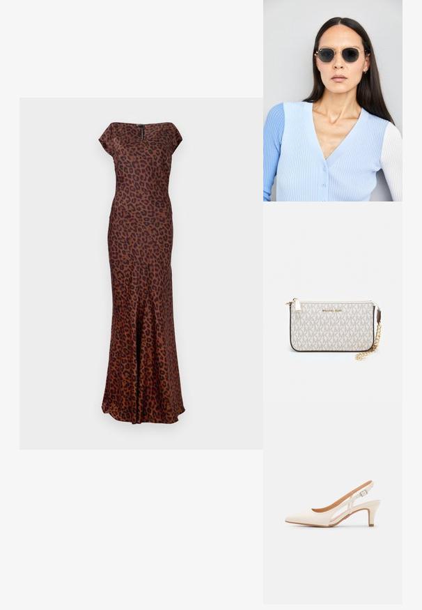 Simabőr mintás ruha sima anyagból, testhezálló szabással, bővülő nyakkivágással és bővülő szegéllyel. Színei: barna és fekete.; Fehér slingback sarok, hegyes orral, sima felső anyaggal, alacsony blokk sarkával és oldalsó kivágott dizájnnal, állítható csatpánttal.; Kerek napszemüveg sötét lencsékkel és arany kerettel. A modellen világoskék, bordázott kardigán van gombokkal és kontrasztos fehér ujjaival.; Michael Kors bézs bevonatos vászon karkötő, amely ismétlődő MK logó mintával, aranyszínű fémrészletekkel és levehető lánchordóval rendelkezik.