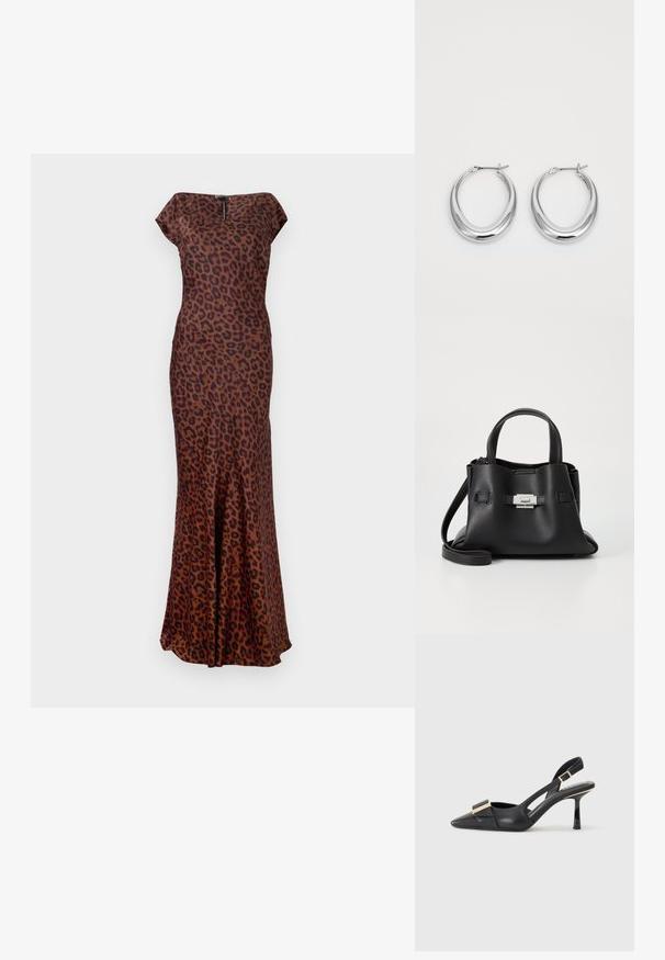 Leopardų rašto suknelė, pagaminta iš lygaus audinio, su prigludusia forma, valtis iškirpte ir platėjančiu apačiu. Spalvos: ruda ir juoda.; Juodas odinis batelis su atviru kulnu, smailiu pirštu, liekna kulniuku ir auksinės spalvos detalėmis ant batus. Lygus paviršius ir struktūrizuotas dizainas.; Juodas odinis rankinės su tekstūruota apdaila, turintis dvi viršutinės rankenos, nuimamą peties diržą ir sidabrinį užsegimą.; Poliruoti sidabro pusmėnulio formos auskarai su užlenkiamais užsegimais ant balto fono.