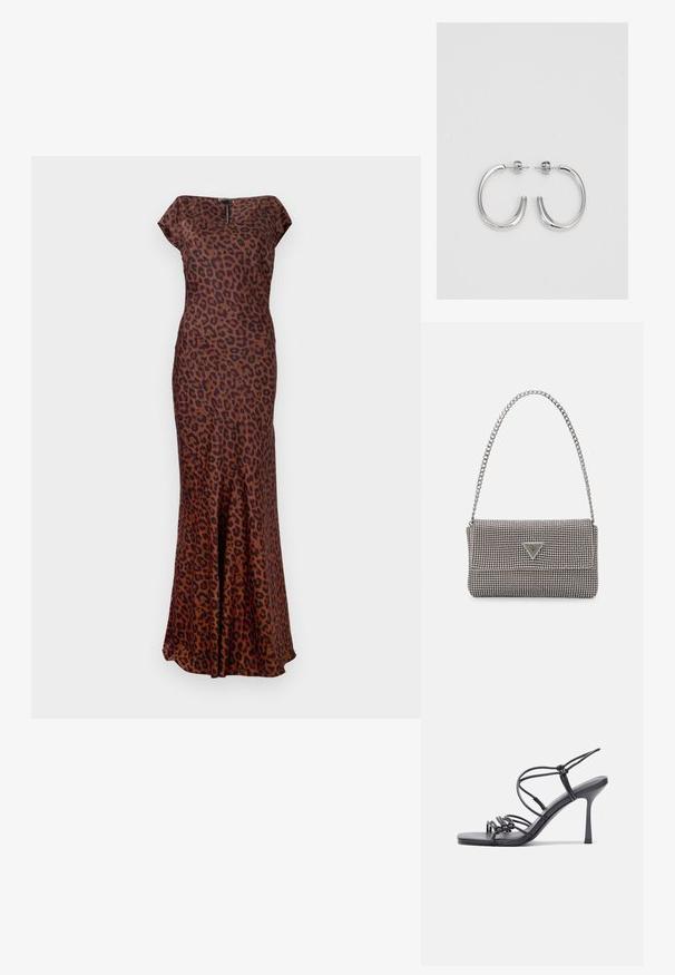 Haljina s uzorkom leoparda izrađena od glatkog materijala, s pripijenim krojem, brodskim izrezom i lepršavim rubom. Boje uključuju smeđu i crnu.; Crne sandale na visokoj potpetici imaju tanke trake s čvorastim dizajnom, glatki kvadratni vrh i elegantnu stiletto petu.; Svijetlosivi metalik ruksač s lancem, ukrašen malim okruglim metalnim zakovicama i trokutastim logotipom marke.; Srebro naušnice u obliku prstena s glatkom, sjajnom završnom obradom. Zaobljenog oblika, laganog dizajna, s kopčom na poleđini.