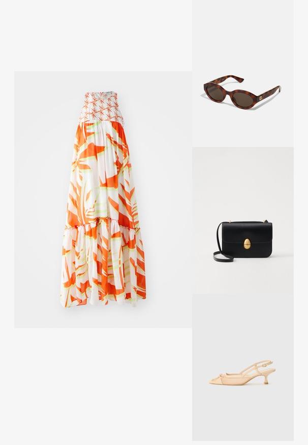 Rochie maxi cu un corset plisat, cu un model abstract portocaliu și verde pe un fundal alb și o margine volanată.; Stuart Weitzman KITTY - Pantofi clasici cu toc - beige/barely beige; Ochelari de soare din tortoiseshell cu rame rotunde, lentile întunecate și detalii cu logo auriu pe brațe. Material plastic neted, fără modele vizibile.; Geantă de mână din piele neagră, cu o formă rectangulară structurată. Are un capac oval auriu și o curea subțire pentru umăr. Textură netedă.