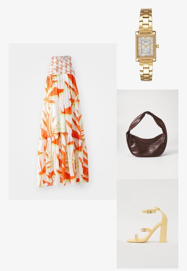 Maxi šaty s nařaseným živůtkem, které mají abstraktní oranžový a zelený vzor na bílém pozadí a volánkový lem.; Žluté sandály na blokovém podpatku se třemi nastavitelnými popruhy, čtvercový tvar špičky, hladký syntetický materiál a stříbrné spony.; Hnědá tkaná kožená taška s prohnutou, uzlovou rukojetí a zipovým uzávěrem. Hladký povrch a zaoblený tvar.; Zlatý obdélníkový náramkový hodin s bílým ciferníkem, stříbrnými indexy a odolným kovovým náramkem. Obsahuje voděodolnou funkci.