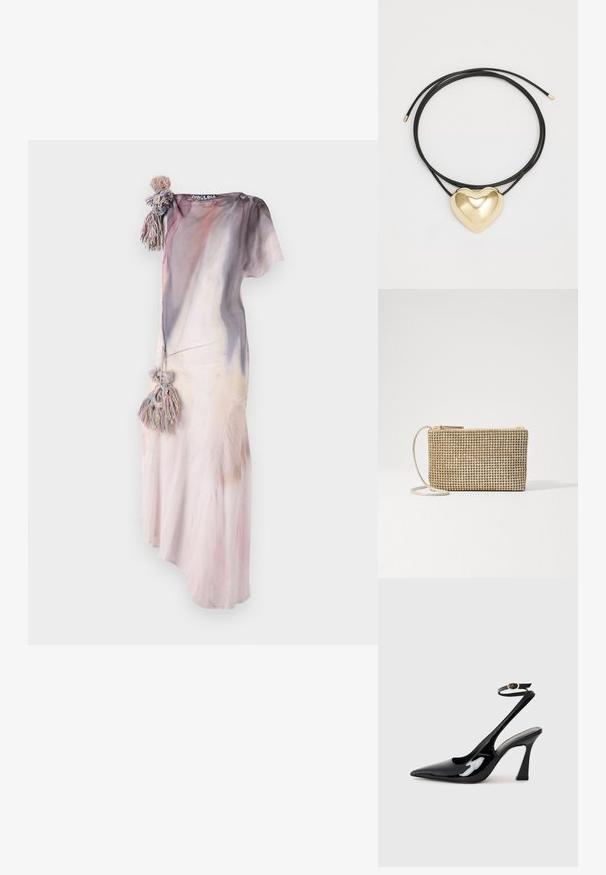 Hosszú, légies ruha lágy, pasztell színekben, vízfesték hatással. Díszes bojt található az egyik vállon, és könnyű, texturált anyagból készült.; Fekete lakk bőrből készült, slingback magas sarkú cipők, hegyes orral, állítható bokapánttal és mérsékelt tömbsarkal. Simább textúra, fényes felület.; Loeffler Randall YASMINE FLAT CLUTCH - Keresztpántos táska - gold; Fekete fonott zsinór nyaklánc, polírozott arany szív medállal, sima vonalakkal és fényes felülettel.