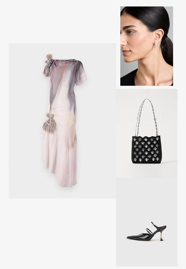Ilga, laisva suknelė minkštomis, pastelinių spalvų atspalviais su akvarelės efektu. Suknelė turi dekoratyvų kutą ant vieno peties ir yra pagaminta iš lengvo, tekstūruoto audinio.; Juodasis odinis batelis su smailiu nosiu ir slingback stiliumi, turintis dvi reguliuojamas juosteles ir metalinį kulną. Lygi tekstūra ir minimalistinis dizainas.; Rabanne Rankinė - black/silver; Blizgantys sidabriniai auskarai žvaigždės formos su besidriekianti spiralės raštu, pasižymintys poliruota paviršiaus apdaila ir skaidriais brangakmenių akcentais.
