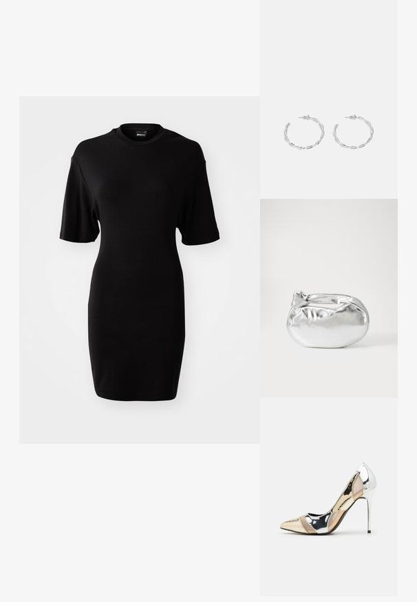 Melna, īsām piedurknēm tērps, kas izgatavots no mīksta materiāla. Tam ir noapaļota kakla izgriezuma forma un pieguļošs siluets ar ceļgala garuma apakšdaļu.; Apspīlēta augstpapēžu kurpe ar zeltītu, sudrabi un neitrālu krāsu kombināciju. Spīguļojoša virsma ar izgriezuma dizainu, aprīkota ar stiletto papēdi.; Sudraba metāliska poga somiņa ar mīkstu, noapaļotu formu un mezgla augšējo aizdari. Izgatavota no gludas mākslīgās ādas materiāla.; Sudraba gredzenveida auskari ar savītu dizainu, kas ir ar pulētu apdari un ar aizmugurēju fiksāciju. Izmērs ir aptuveni 3 cm diametrā.