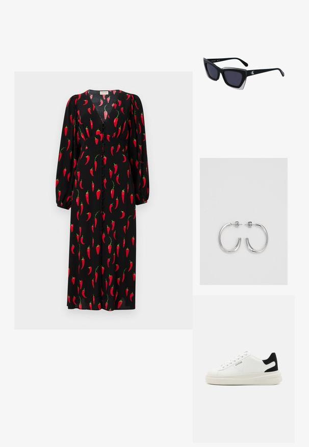 Črna obleka z vzorcem ponavljajočih se rdečih čili paprik, dolgimi napihnjenimi rokavi, V-izrezom in gumbnimi detajli spredaj.; Bele usnjene športne copate z debelim belim podplatom, črnimi semišnimi detajli na peti in utisnjenim logotipom na strani. Zavezovanje s šestimi luknjicami.; Črne prevelike sončne očala geometrijske oblike, z temnimi lečami in kontrastno sivo podrobnostjo na okvirju. Logo na ročaju.; Srebrne uhančke v obliki obroča z gladko, sijočo površino, ukrivljene oblike in zapiranjem na zatič. Minimalistična zasnova z modernim zaključkom.