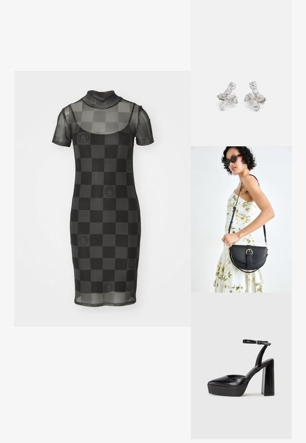 Caursmelna režģa kleita ar īsām piedurknēm, augstu kakla izgriezumu un šaha laukuma rakstu, kas ietver apļu akcentus. Pieguļoša siluets.; Melnas platformas papēžs ar norādītu purngala formu un regulējamu potītes siksniņu. Izgatavotas no gludas ādas, ar masīvu bloku papēdi.; Melnas ādas rokassoma ar izliekta formu, noņemamu siksnu un zelta aksesuāriem. Somai ir vāciņš ar sprādzes detaļu.; Sudraba krāsā auskari ar caurspīdīgām, mirdzošām akmens formām, tostarp apaļām un marquise, sakārtoti ziedu dizainā.