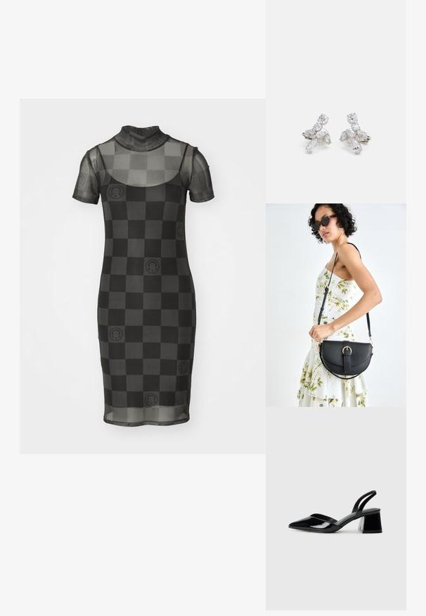 Robe en maille noire transparente avec des manches courtes, un col montant et un motif à damiers présentant des motifs circulaires en accent. Silhouette ajustée.; Escarpins en cuir verni noir avec bout pointu et talon bloc géométrique. Présente un design élégant et minimaliste ainsi qu'une texture lisse.; Sac à main en cuir noir avec une forme courbée, bandoulière amovible et des accessoires en or. Le sac est doté d'un rabat avec un détail de boucle.; Boucles d'oreilles en argent avec des pierres transparentes et scintillantes de différentes formes, y compris rondes et marquises, disposées dans un design floral.